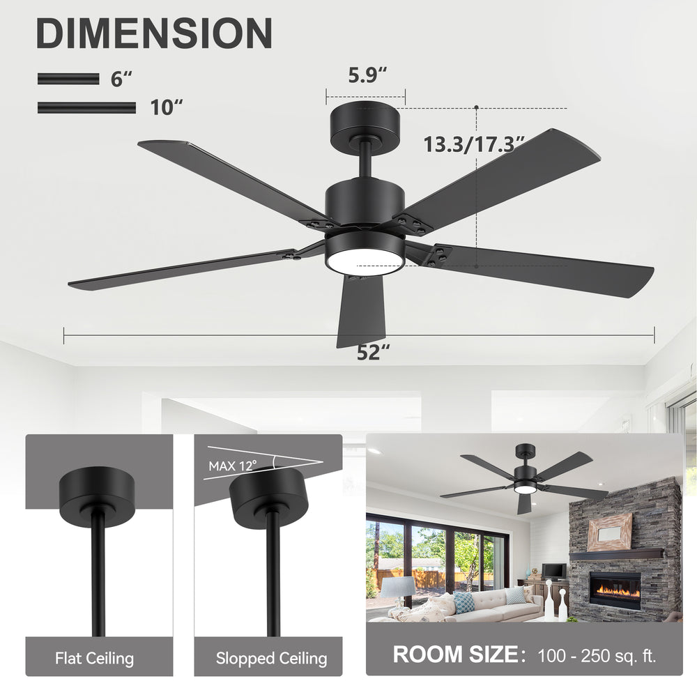 52-Inch Matte Black Ceiling Fan with RGB LED Light, 3 CCT 3000K/4000K/6000K, DC Motor 6-Speed Reversible, Remote Control with 2H Timer, Dual-Finish Blades