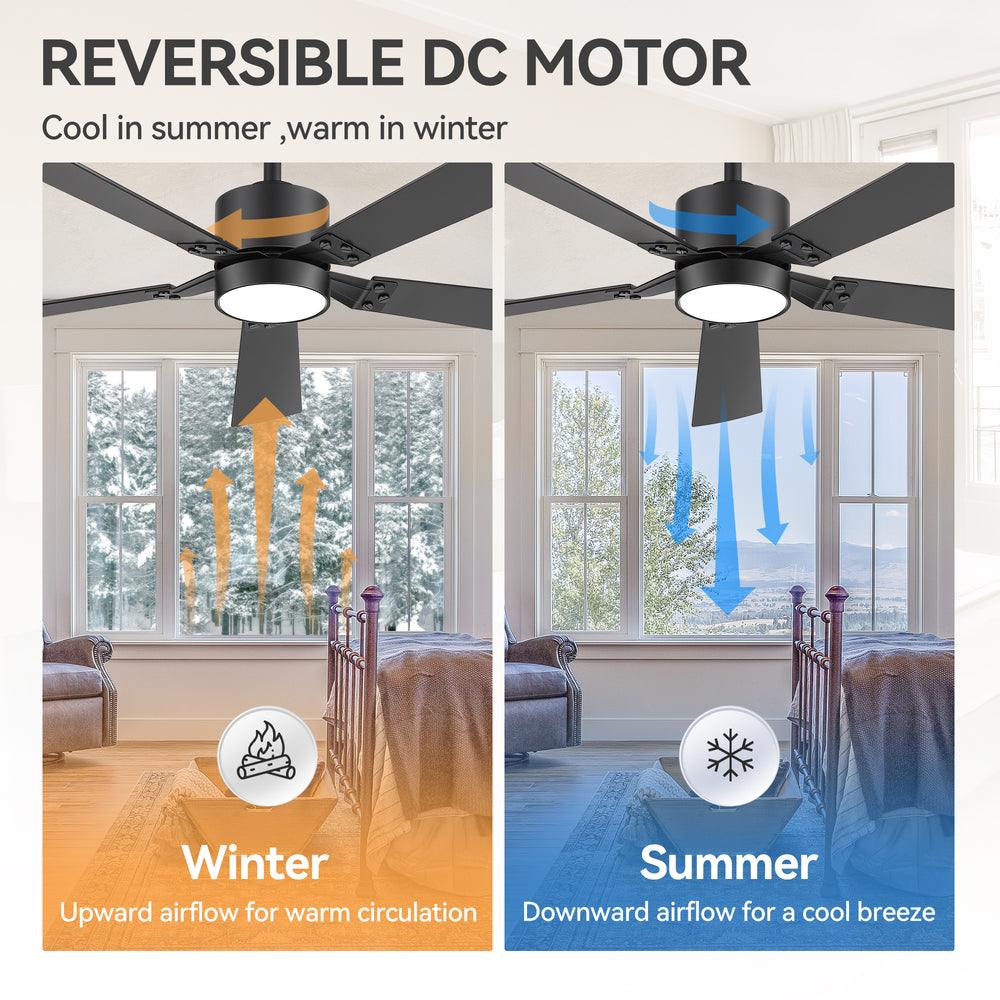 52-Inch Matte Black Ceiling Fan with RGB LED Light, 3 CCT 3000K/4000K/6000K, DC Motor 6-Speed Reversible, Remote Control with 2H Timer, Dual-Finish Blades