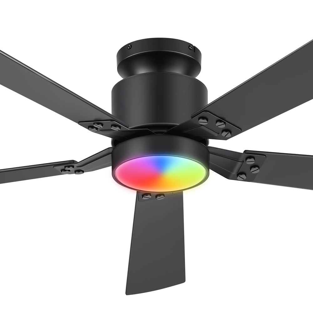 52-Inch Matte Black Ceiling Fan with RGB LED Light, 3 CCT 3000K/4000K/6000K, DC Motor 6-Speed Reversible, Remote Control with 2H Timer, Dual-Finish Blades