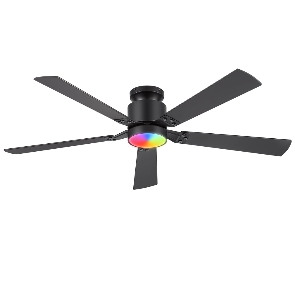 52-Inch Matte Black Ceiling Fan with RGB LED Light, 3 CCT 3000K/4000K/6000K, DC Motor 6-Speed Reversible, Remote Control with 2H Timer, Dual-Finish Blades