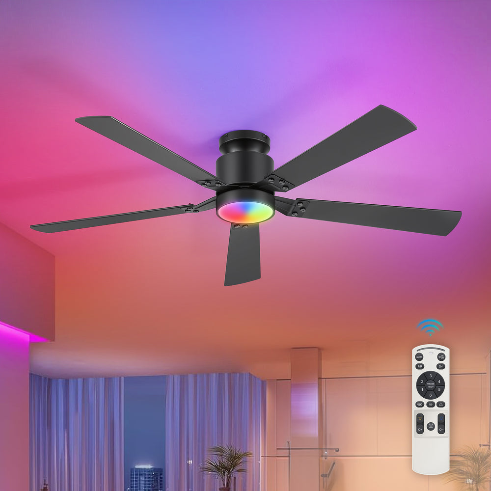 52-Inch Matte Black Ceiling Fan with RGB LED Light, 3 CCT 3000K/4000K/6000K, DC Motor 6-Speed Reversible, Remote Control with 2H Timer, Dual-Finish Blades