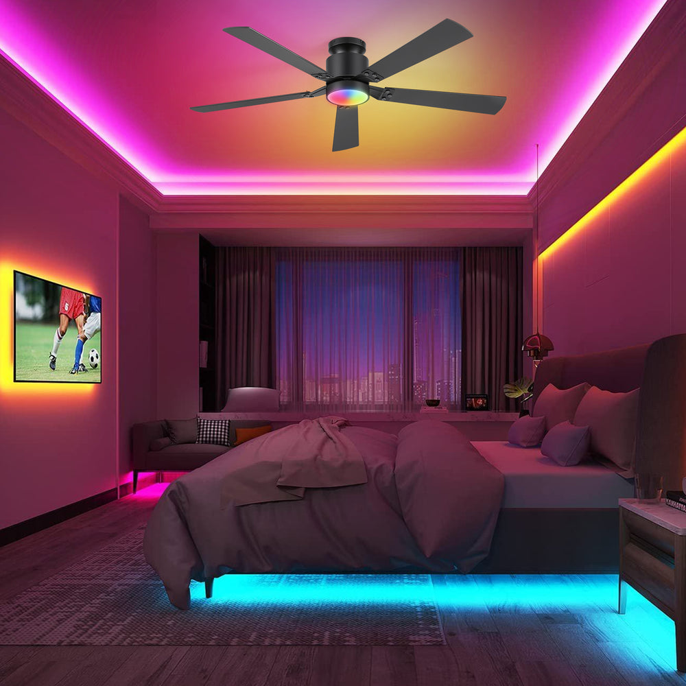 52-Inch Matte Black Ceiling Fan with RGB LED Light, 3 CCT 3000K/4000K/6000K, DC Motor 6-Speed Reversible, Remote Control with 2H Timer, Dual-Finish Blades