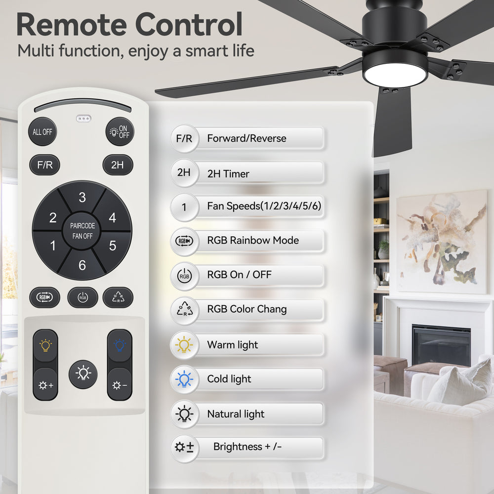 52-Inch Matte Black Ceiling Fan with RGB LED Light, 3 CCT 3000K/4000K/6000K, DC Motor 6-Speed Reversible, Remote Control with 2H Timer, Dual-Finish Blades