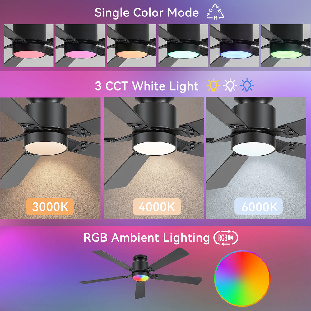 52-Inch Matte Black Ceiling Fan with RGB LED Light, 3 CCT 3000K/4000K/6000K, DC Motor 6-Speed Reversible, Remote Control with 2H Timer, Dual-Finish Blades