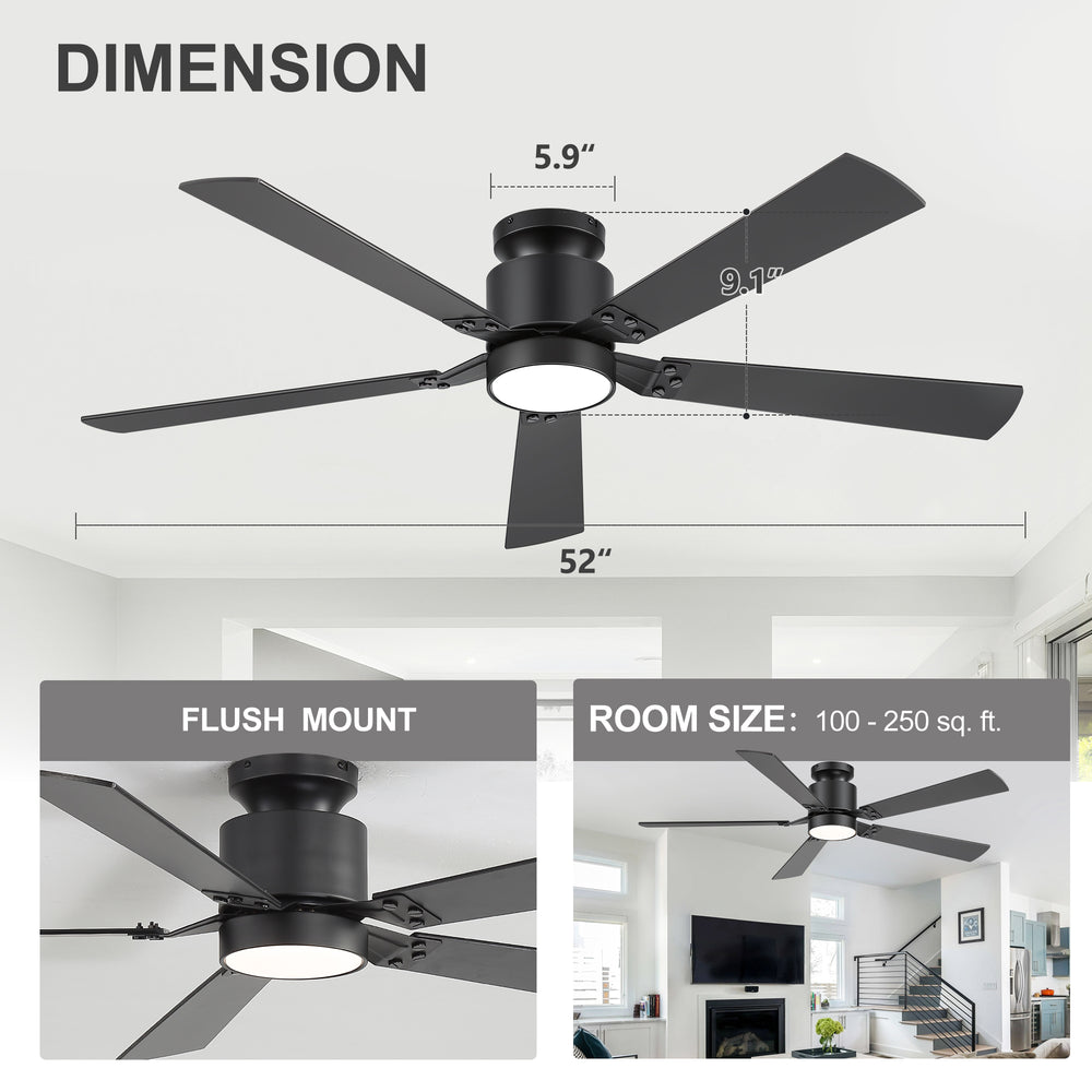 52-Inch Matte Black Ceiling Fan with RGB LED Light, 3 CCT 3000K/4000K/6000K, DC Motor 6-Speed Reversible, Remote Control with 2H Timer, Dual-Finish Blades