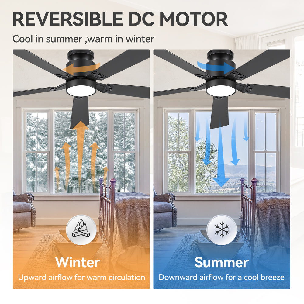52-Inch Matte Black Ceiling Fan with RGB LED Light, 3 CCT 3000K/4000K/6000K, DC Motor 6-Speed Reversible, Remote Control with 2H Timer, Dual-Finish Blades