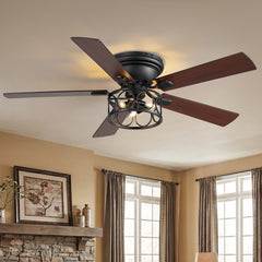 52" Ceiling Fan with Light, Matte Black Finish, Dual-Sided Plywood Blades (Black/Dark Walnut), DC Motor, E12 Bulb Base, 6 Speeds, Reverse Function, Remote Control, Timer,