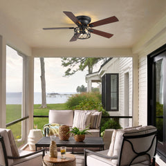 52" Ceiling Fan with Light, Matte Black Finish, Dual-Sided Plywood Blades (Black/Dark Walnut), DC Motor, E12 Bulb Base, 6 Speeds, Reverse Function, Remote Control, Timer,