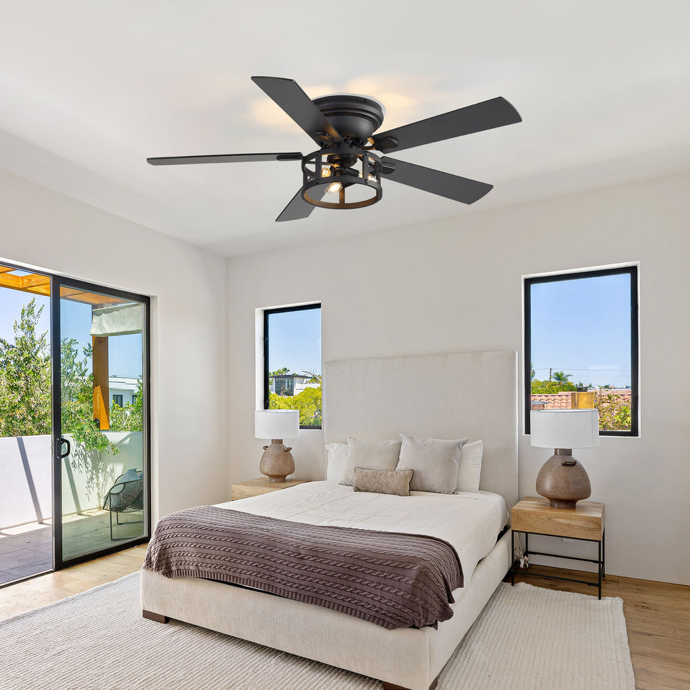 52" Ceiling Fan with Light, Matte Black Finish, Iron & Crystal Light Fixture, Dual-Sided Plywood Blades (Black/Dark Walnut), DC Motor, 6 Speeds, Reverse Function, Remote Control, Timer, E12 Bulb Base