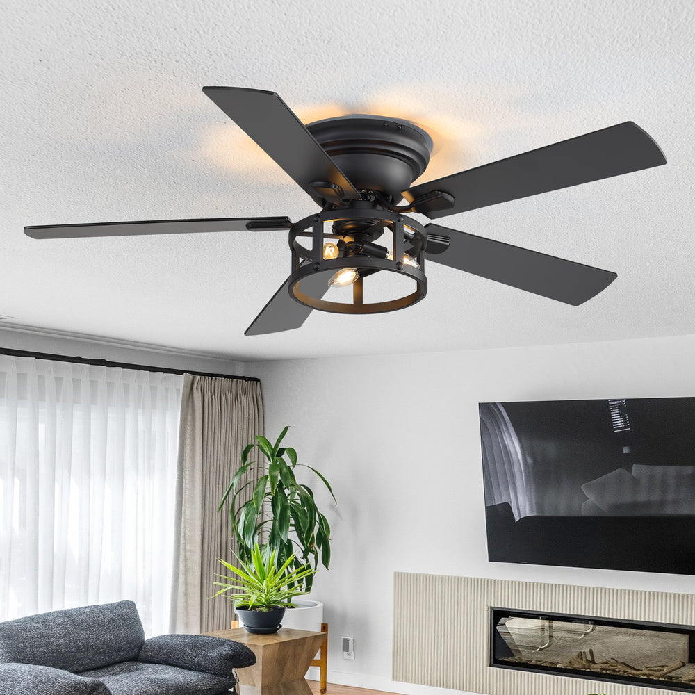 52" Ceiling Fan with Light, Matte Black Finish, Iron & Crystal Light Fixture, Dual-Sided Plywood Blades (Black/Dark Walnut), DC Motor, 6 Speeds, Reverse Function, Remote Control, Timer, E12 Bulb Base