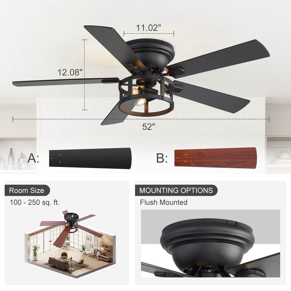 52" Ceiling Fan with Light, Matte Black Finish, Iron & Crystal Light Fixture, Dual-Sided Plywood Blades (Black/Dark Walnut), DC Motor, 6 Speeds, Reverse Function, Remote Control, Timer, E12 Bulb Base