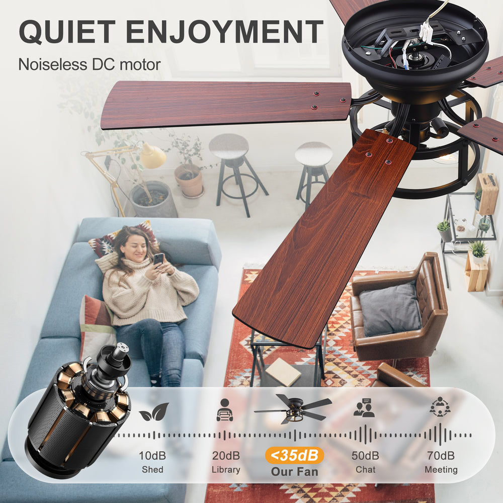 52" Ceiling Fan with Light, Matte Black Finish, Iron & Crystal Light Fixture, Dual-Sided Plywood Blades (Black/Dark Walnut), DC Motor, 6 Speeds, Reverse Function, Remote Control, Timer, E12 Bulb Base