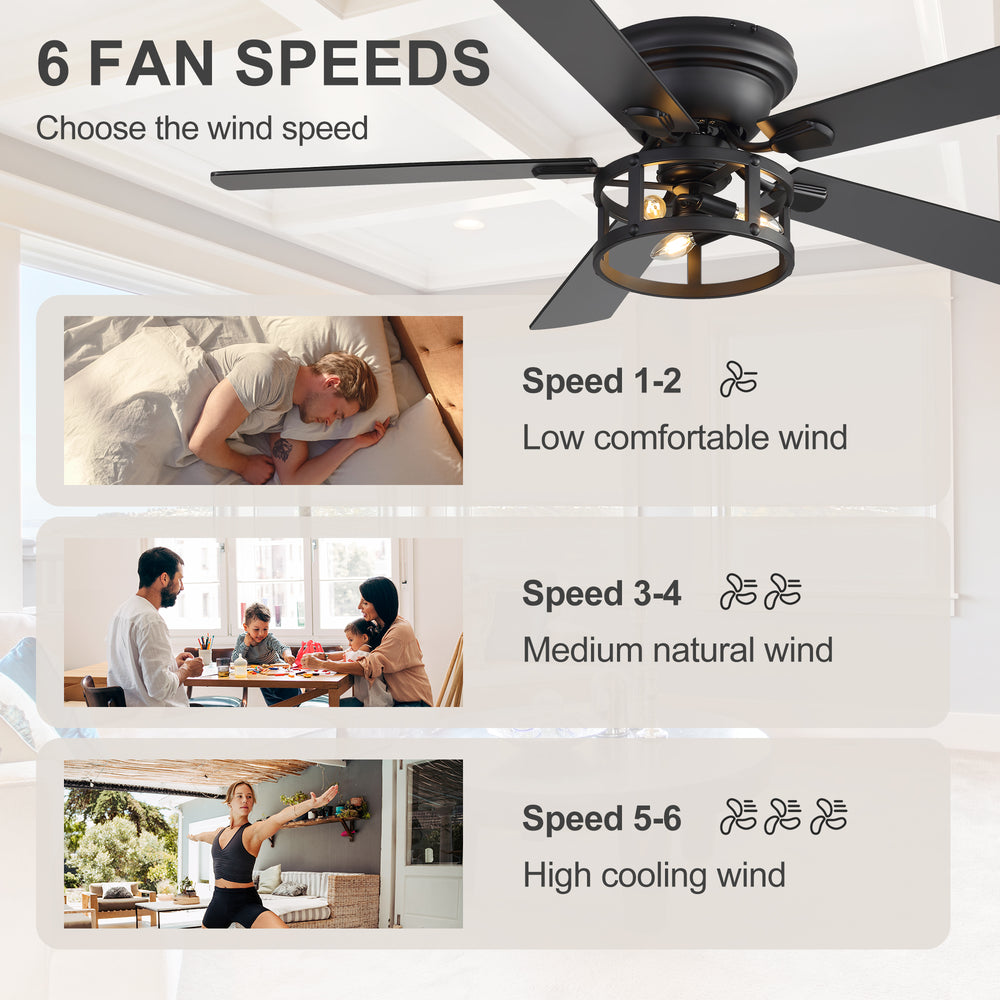 52" Ceiling Fan with Light, Matte Black Finish, Iron & Crystal Light Fixture, Dual-Sided Plywood Blades (Black/Dark Walnut), DC Motor, 6 Speeds, Reverse Function, Remote Control, Timer, E12 Bulb Base
