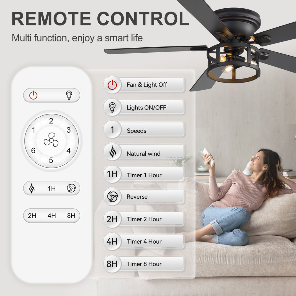 52" Ceiling Fan with Light, Matte Black Finish, Iron & Crystal Light Fixture, Dual-Sided Plywood Blades (Black/Dark Walnut), DC Motor, 6 Speeds, Reverse Function, Remote Control, Timer, E12 Bulb Base