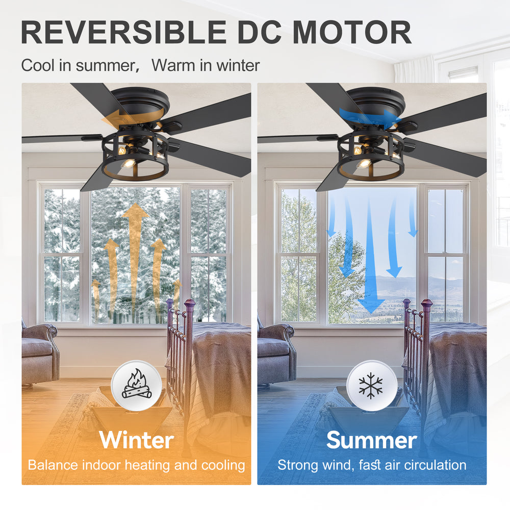 52" Ceiling Fan with Light, Matte Black Finish, Iron & Crystal Light Fixture, Dual-Sided Plywood Blades (Black/Dark Walnut), DC Motor, 6 Speeds, Reverse Function, Remote Control, Timer, E12 Bulb Base