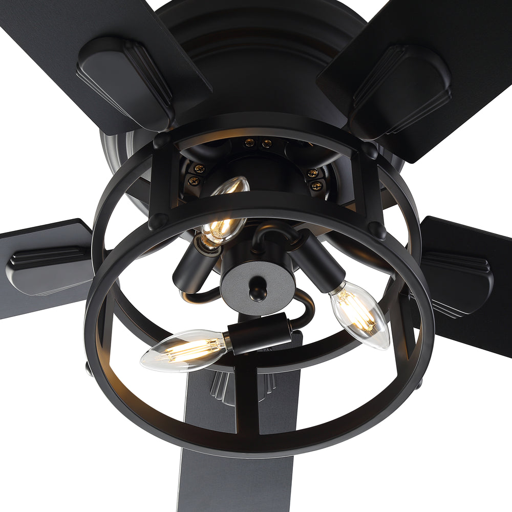 52" Ceiling Fan with Light, Matte Black Finish, Iron & Crystal Light Fixture, Dual-Sided Plywood Blades (Black/Dark Walnut), DC Motor, 6 Speeds, Reverse Function, Remote Control, Timer, E12 Bulb Base