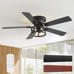 52" Ceiling Fan with Light, Matte Black Finish, Iron & Crystal Light Fixture, Dual-Sided Plywood Blades (Black/Dark Walnut), DC Motor, 6 Speeds, Reverse Function, Remote Control, Timer, E12 Bulb Base