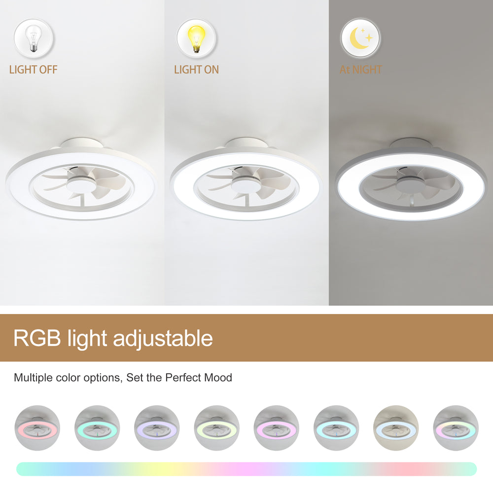 20-Inch Ceiling Fan with Light, RGB & 3CCT Dimmable LED, Flush Mount Low Profile, DC Motor, 6 Speeds, Reversible, Remote Control, White