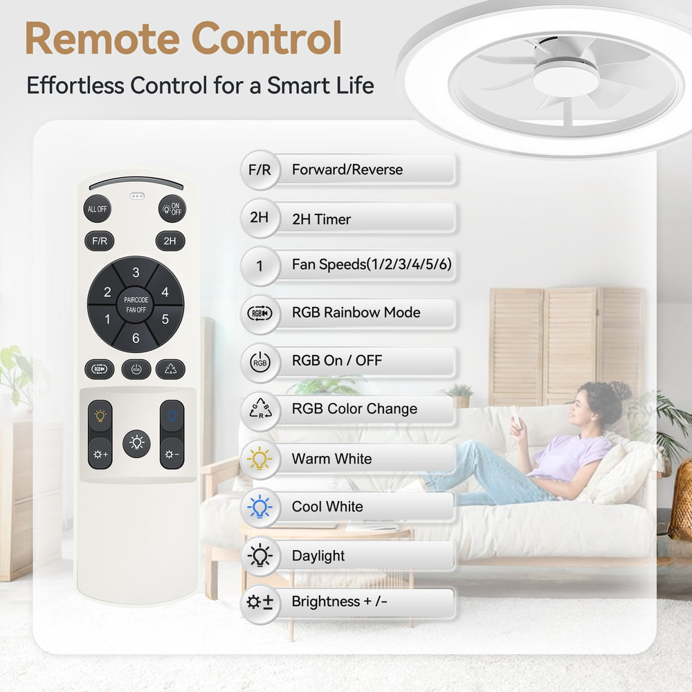 20-Inch Ceiling Fan with Light, RGB & 3CCT Dimmable LED, Flush Mount Low Profile, DC Motor, 6 Speeds, Reversible, Remote Control, White