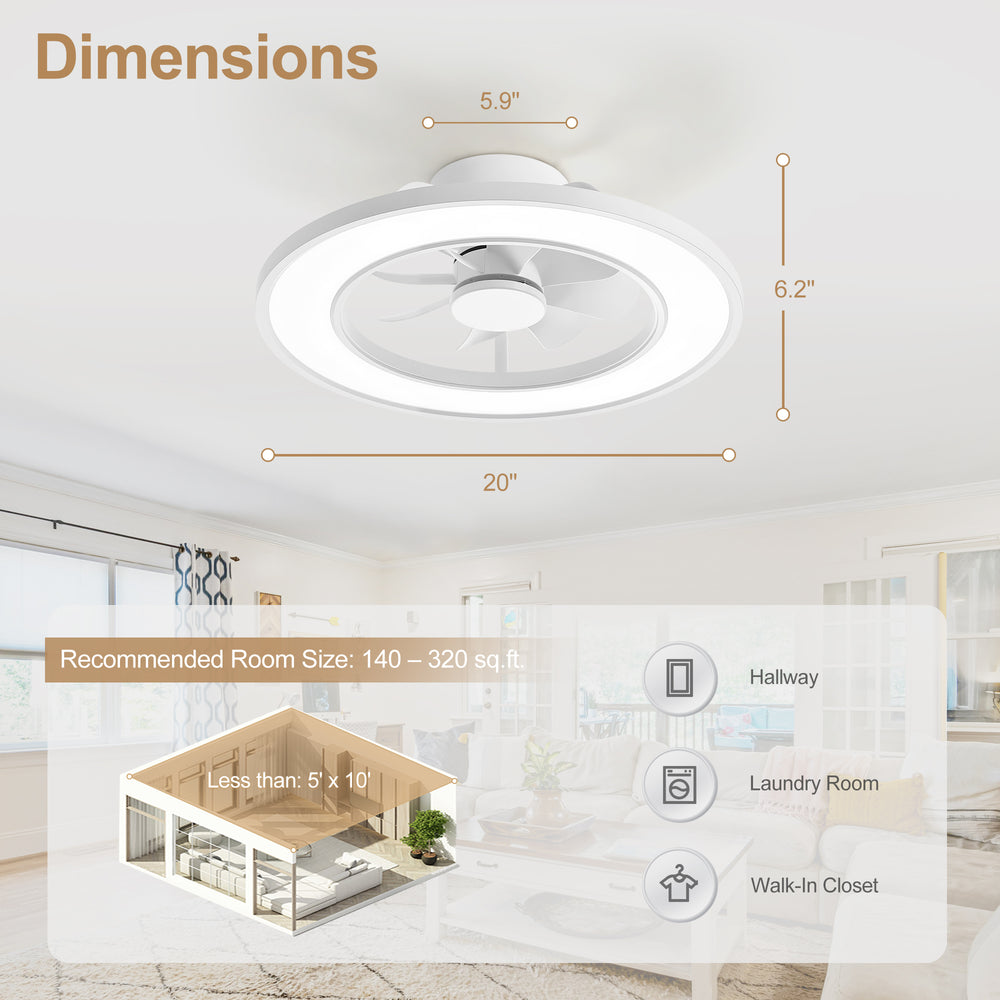 20-Inch Ceiling Fan with Light, RGB & 3CCT Dimmable LED, Flush Mount Low Profile, DC Motor, 6 Speeds, Reversible, Remote Control, White