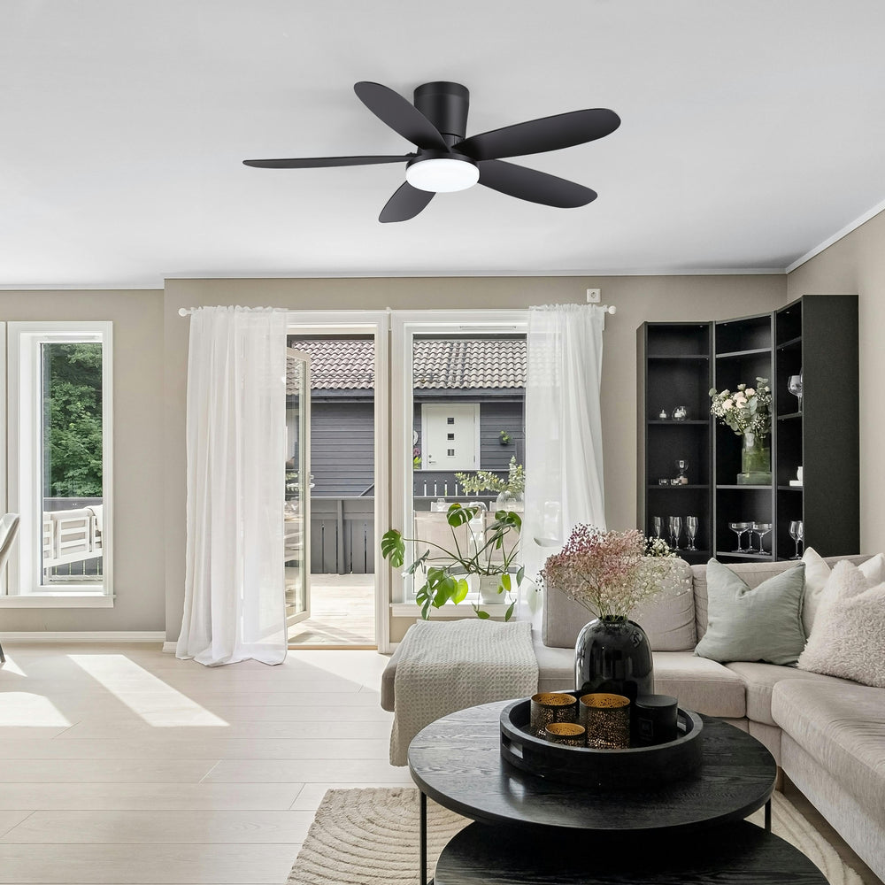 42" Flush Mount Ceiling Fan with Light, Matte Black Low Profile Ceiling Fan, Dimmable LED 3000K/4000K/6000K, Quiet DC Motor, 6 Speeds, Remote Control, Reversible, 1/4/8H Timer, 5 ABS Blades