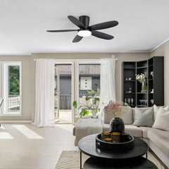 42" Flush Mount Ceiling Fan with Light, Matte Black Low Profile Ceiling Fan, Dimmable LED 3000K/4000K/6000K, Quiet DC Motor, 6 Speeds, Remote Control, Reversible, 1/4/8H Timer, 5 ABS Blades