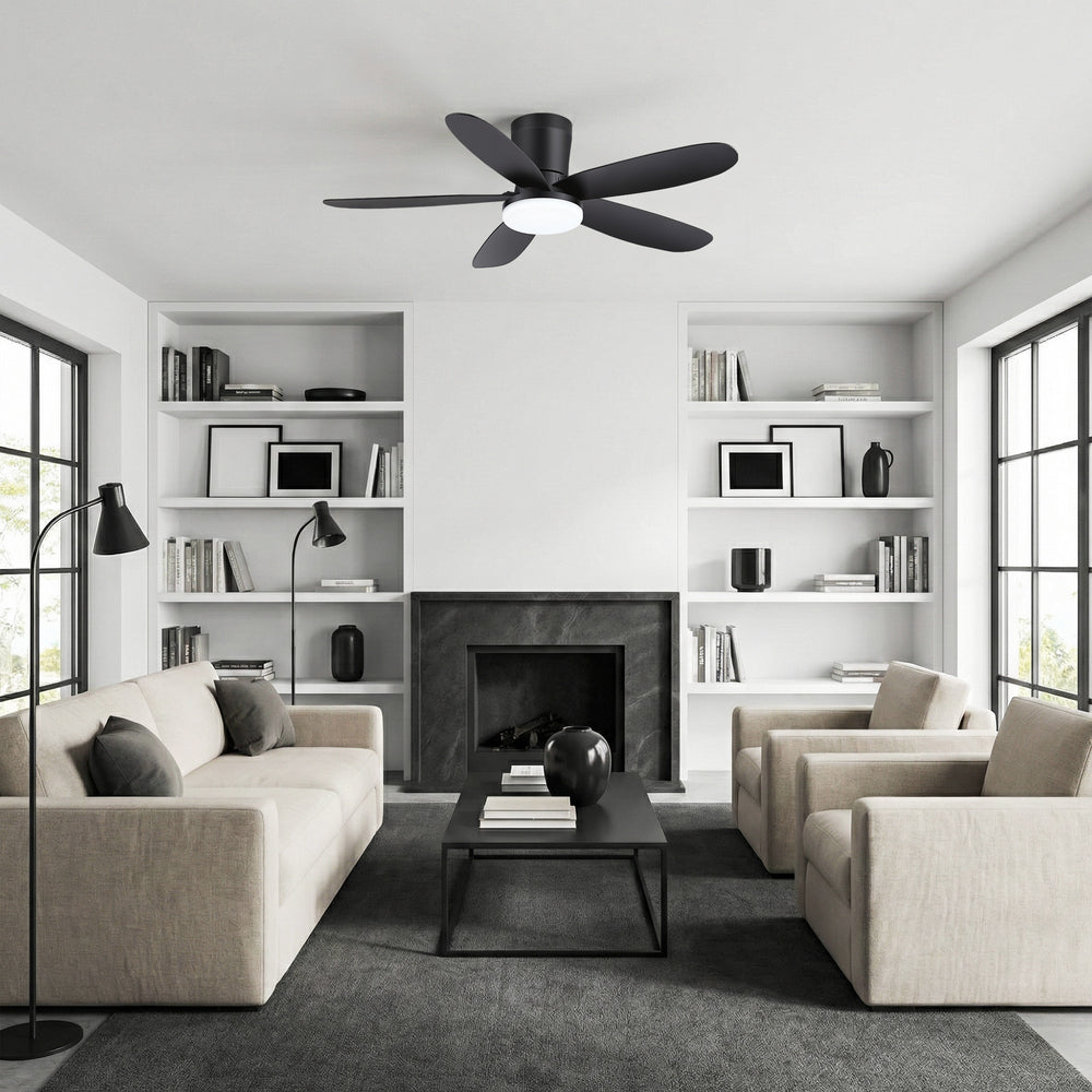 42" Flush Mount Ceiling Fan with Light, Matte Black Low Profile Ceiling Fan, Dimmable LED 3000K/4000K/6000K, Quiet DC Motor, 6 Speeds, Remote Control, Reversible, 1/4/8H Timer, 5 ABS Blades