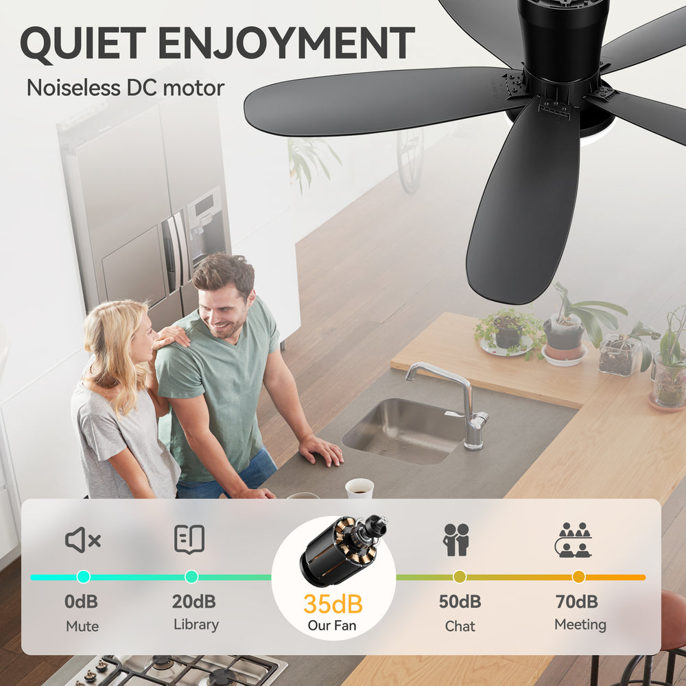 42" Flush Mount Ceiling Fan with Light, Matte Black Low Profile Ceiling Fan, Dimmable LED 3000K/4000K/6000K, Quiet DC Motor, 6 Speeds, Remote Control, Reversible, 1/4/8H Timer, 5 ABS Blades