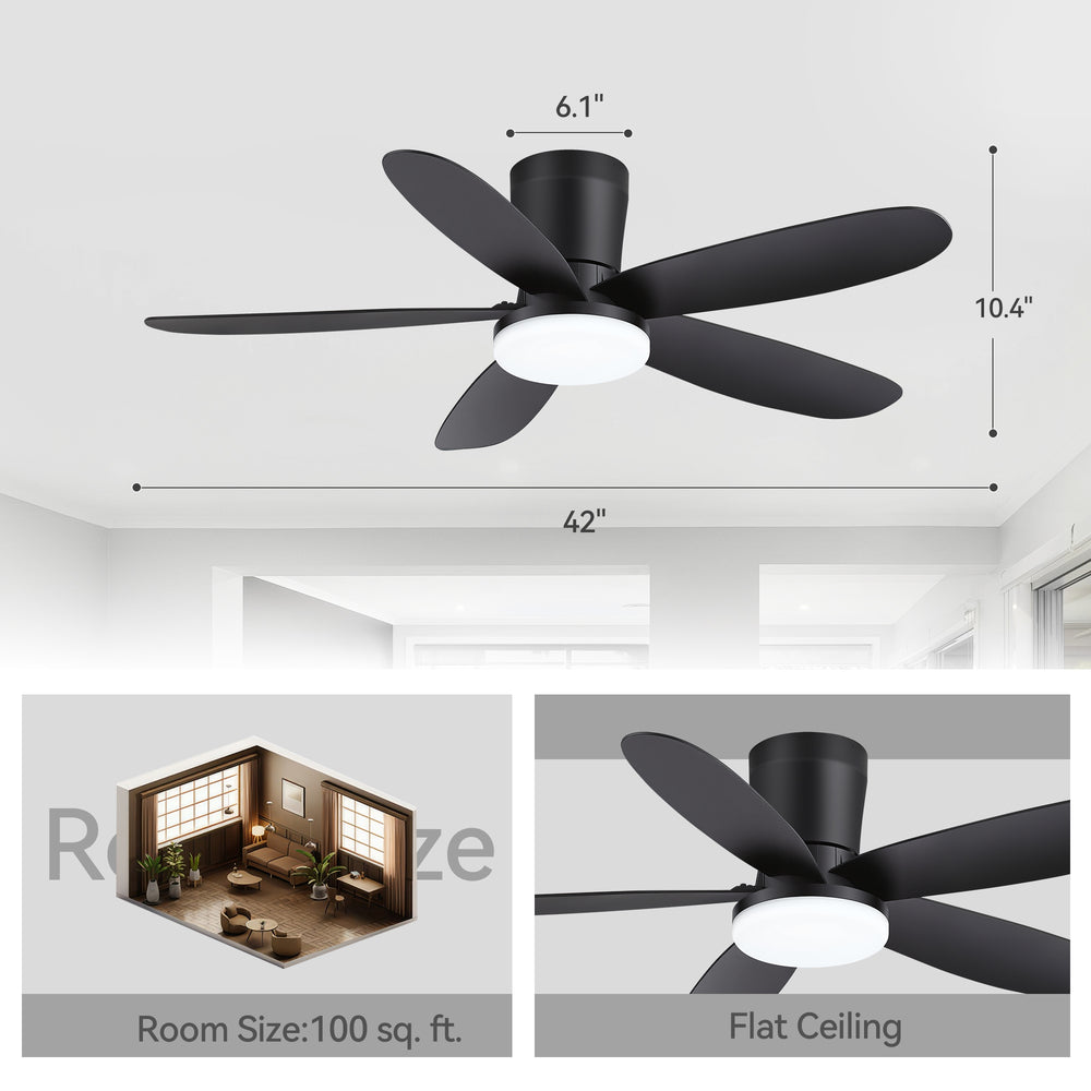 42" Flush Mount Ceiling Fan with Light, Matte Black Low Profile Ceiling Fan, Dimmable LED 3000K/4000K/6000K, Quiet DC Motor, 6 Speeds, Remote Control, Reversible, 1/4/8H Timer, 5 ABS Blades