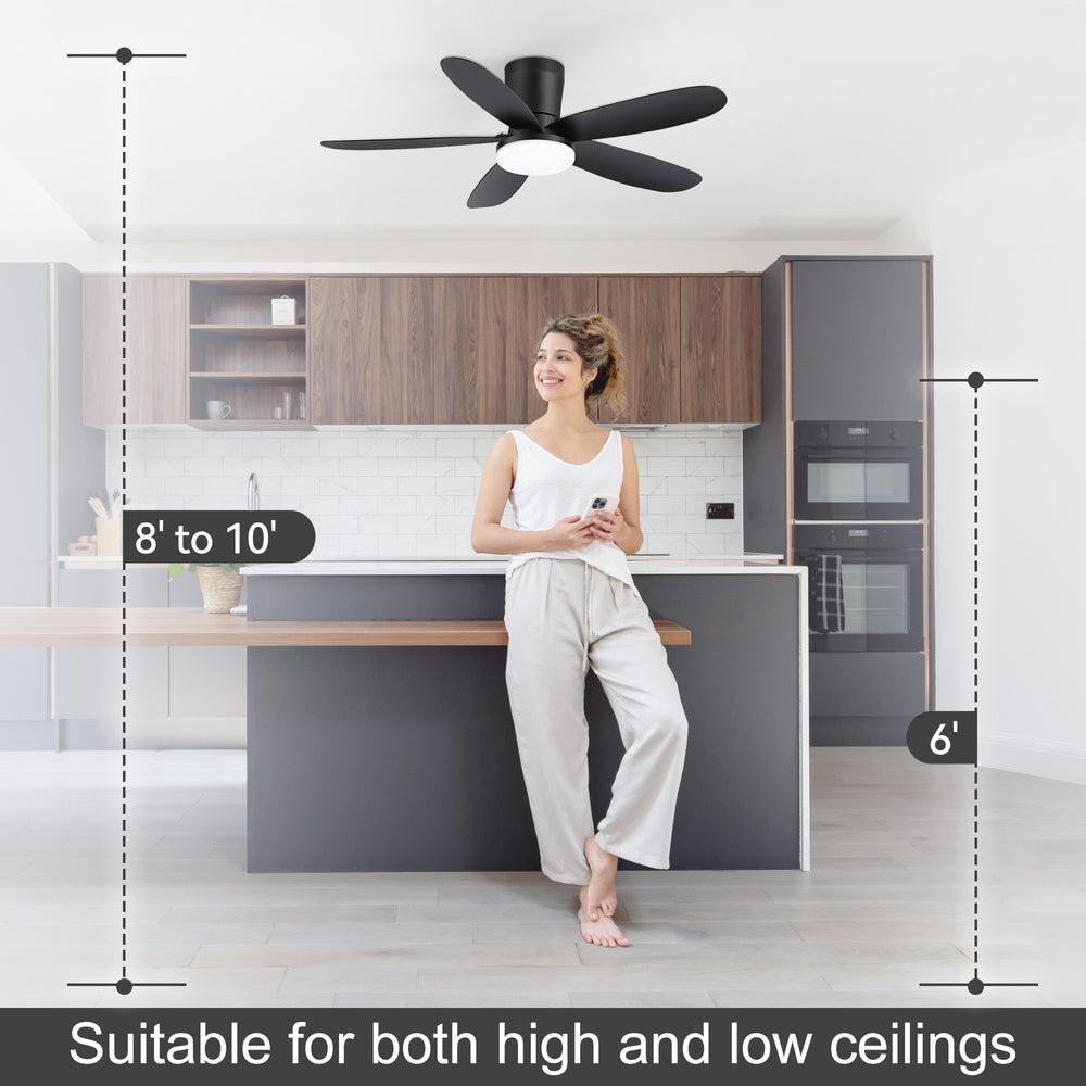 42" Flush Mount Ceiling Fan with Light, Matte Black Low Profile Ceiling Fan, Dimmable LED 3000K/4000K/6000K, Quiet DC Motor, 6 Speeds, Remote Control, Reversible, 1/4/8H Timer, 5 ABS Blades