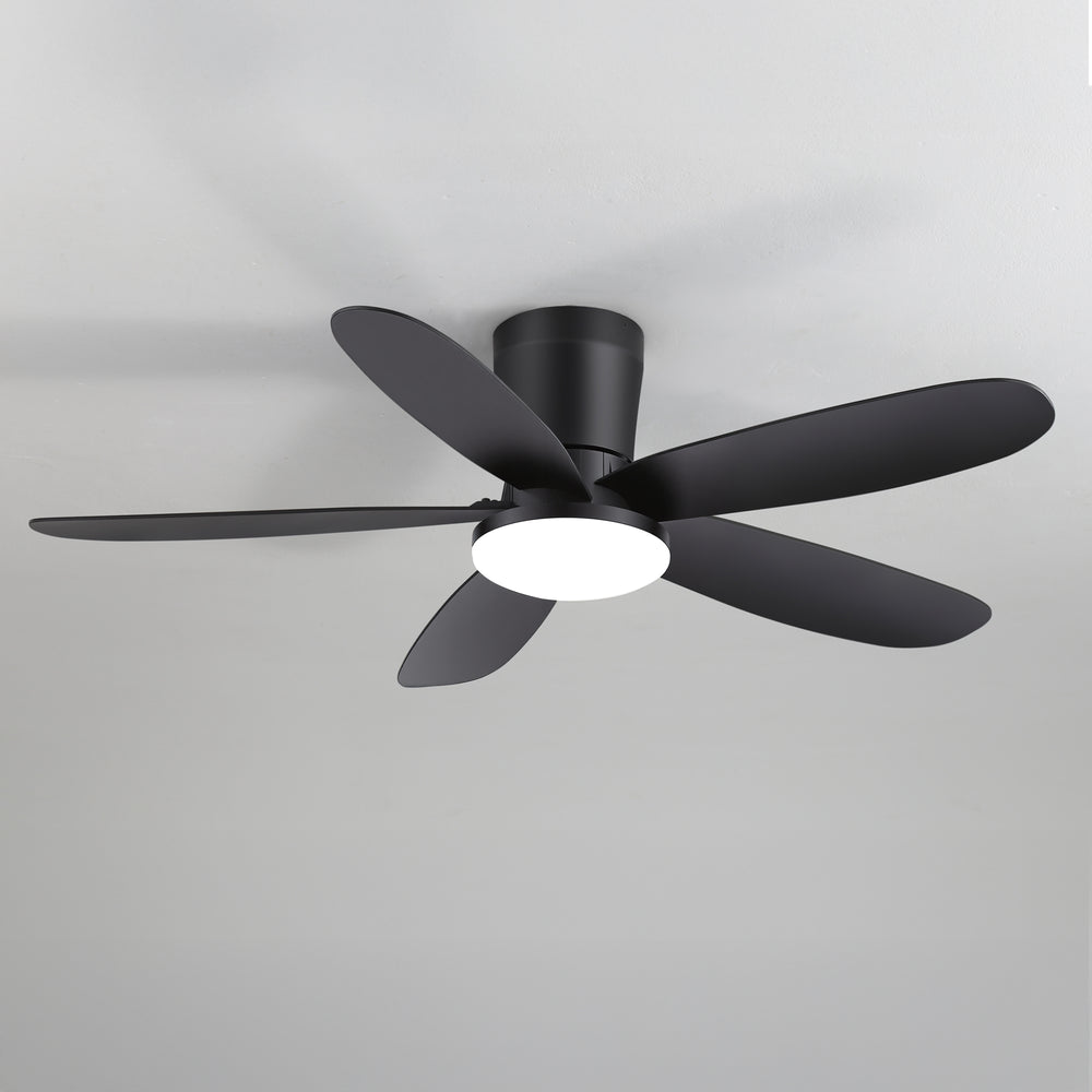 42" Flush Mount Ceiling Fan with Light, Matte Black Low Profile Ceiling Fan, Dimmable LED 3000K/4000K/6000K, Quiet DC Motor, 6 Speeds, Remote Control, Reversible, 1/4/8H Timer, 5 ABS Blades