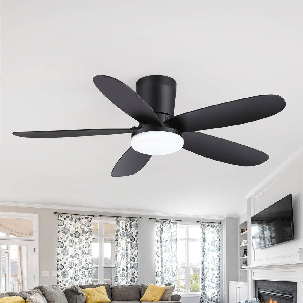 42" Flush Mount Ceiling Fan with Light, Matte Black Low Profile Ceiling Fan, Dimmable LED 3000K/4000K/6000K, Quiet DC Motor, 6 Speeds, Remote Control, Reversible, 1/4/8H Timer, 5 ABS Blades