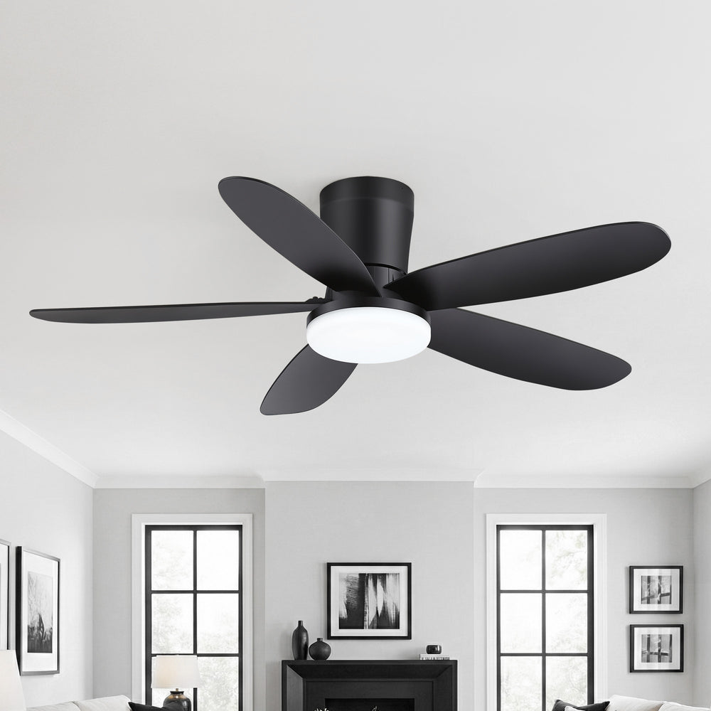 42" Flush Mount Ceiling Fan with Light, Matte Black Low Profile Ceiling Fan, Dimmable LED 3000K/4000K/6000K, Quiet DC Motor, 6 Speeds, Remote Control, Reversible, 1/4/8H Timer, 5 ABS Blades