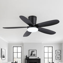 42" Flush Mount Ceiling Fan with Light, Matte Black Low Profile Ceiling Fan, Dimmable LED 3000K/4000K/6000K, Quiet DC Motor, 6 Speeds, Remote Control, Reversible, 1/4/8H Timer, 5 ABS Blades