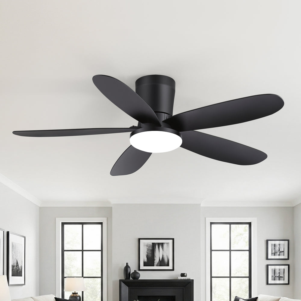 42" Flush Mount Ceiling Fan with Light, Matte Black Low Profile Ceiling Fan, Dimmable LED 3000K/4000K/6000K, Quiet DC Motor, 6 Speeds, Remote Control, Reversible, 1/4/8H Timer, 5 ABS Blades