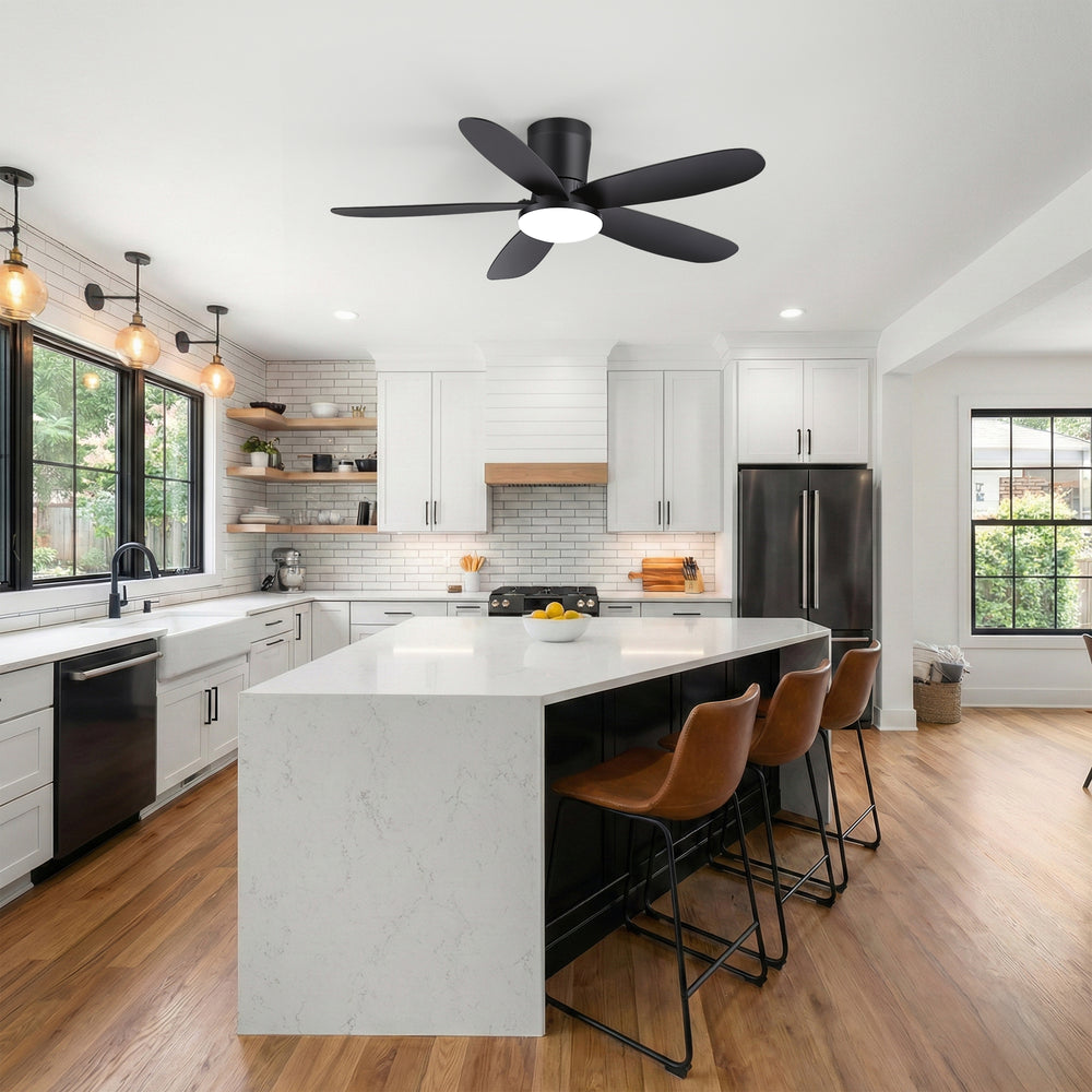 42" Flush Mount Ceiling Fan with Light, Matte Black Low Profile Ceiling Fan, Dimmable LED 3000K/4000K/6000K, Quiet DC Motor, 6 Speeds, Remote Control, Reversible, 1/4/8H Timer, 5 ABS Blades