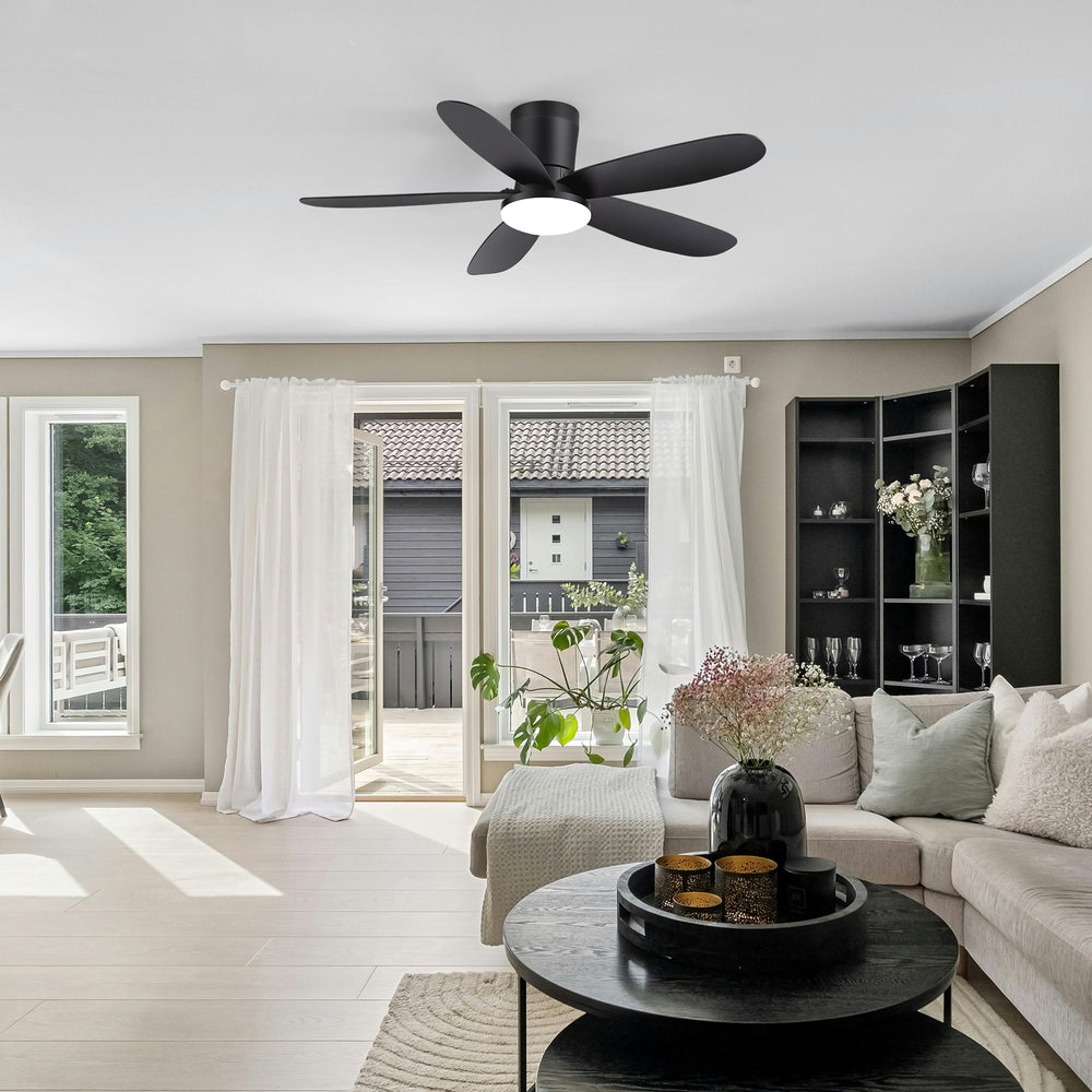 42" Flush Mount Ceiling Fan with Light, Matte Black Low Profile Ceiling Fan, Dimmable LED 3000K/4000K/6000K, Quiet DC Motor, 6 Speeds, Remote Control, Reversible, 1/4/8H Timer, 5 ABS Blades