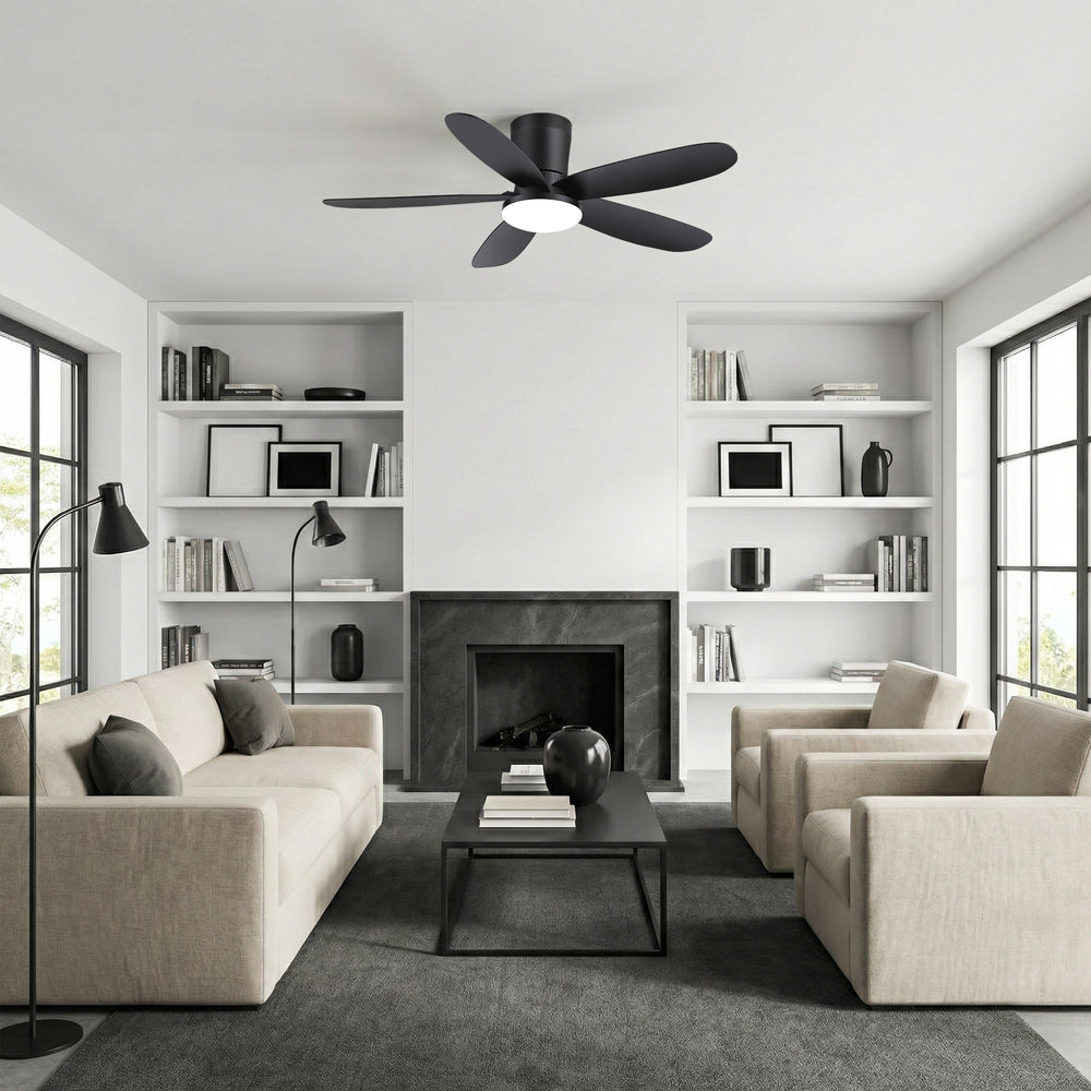 42" Flush Mount Ceiling Fan with Light, Matte Black Low Profile Ceiling Fan, Dimmable LED 3000K/4000K/6000K, Quiet DC Motor, 6 Speeds, Remote Control, Reversible, 1/4/8H Timer, 5 ABS Blades