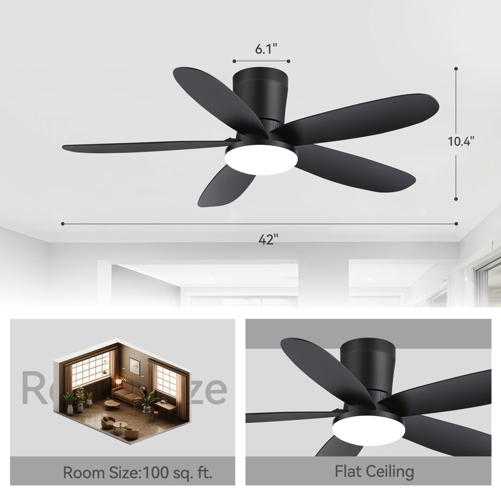 42" Flush Mount Ceiling Fan with Light, Matte Black Low Profile Ceiling Fan, Dimmable LED 3000K/4000K/6000K, Quiet DC Motor, 6 Speeds, Remote Control, Reversible, 1/4/8H Timer, 5 ABS Blades