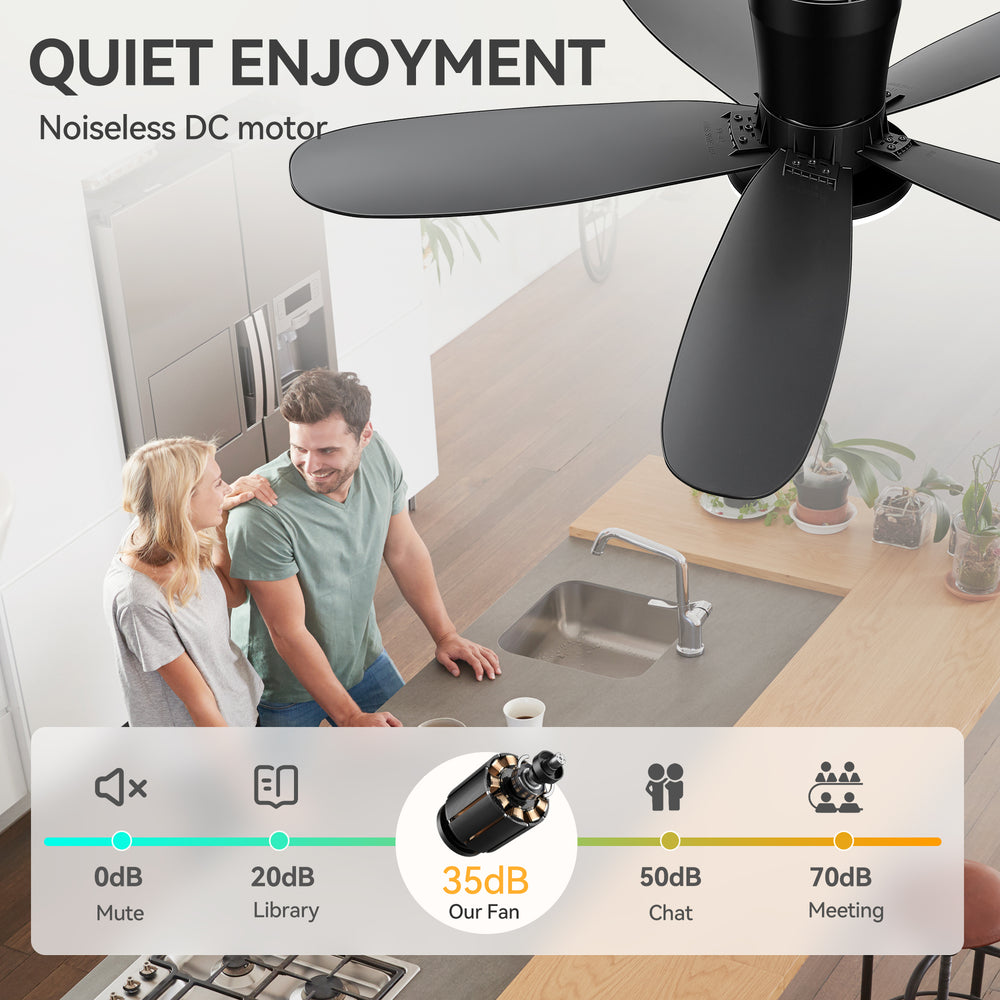 42" Flush Mount Ceiling Fan with Light, Matte Black Low Profile Ceiling Fan, Dimmable LED 3000K/4000K/6000K, Quiet DC Motor, 6 Speeds, Remote Control, Reversible, 1/4/8H Timer, 5 ABS Blades