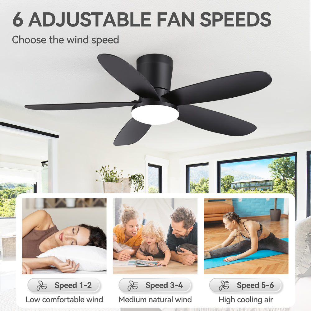 42" Flush Mount Ceiling Fan with Light, Matte Black Low Profile Ceiling Fan, Dimmable LED 3000K/4000K/6000K, Quiet DC Motor, 6 Speeds, Remote Control, Reversible, 1/4/8H Timer, 5 ABS Blades