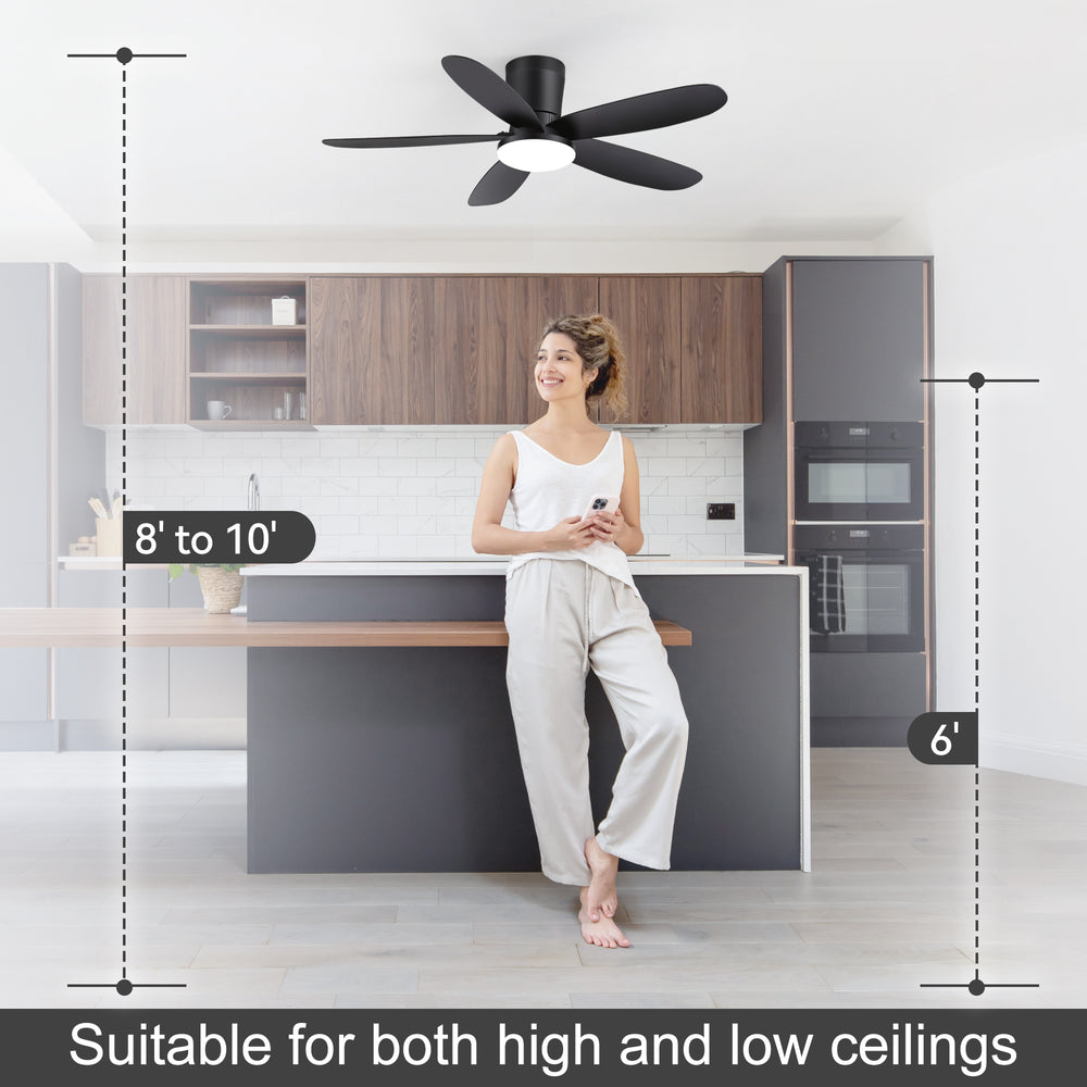 42" Flush Mount Ceiling Fan with Light, Matte Black Low Profile Ceiling Fan, Dimmable LED 3000K/4000K/6000K, Quiet DC Motor, 6 Speeds, Remote Control, Reversible, 1/4/8H Timer, 5 ABS Blades