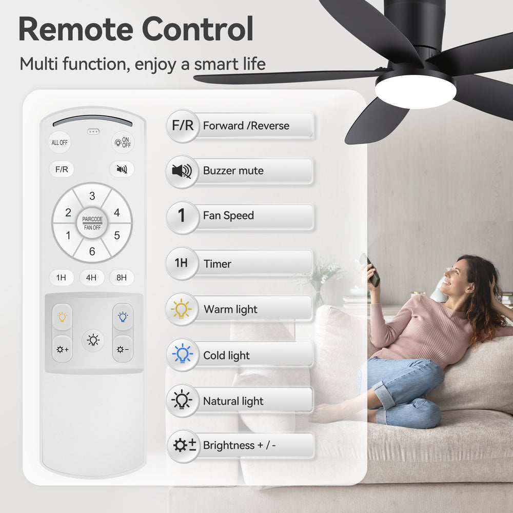 42" Flush Mount Ceiling Fan with Light, Matte Black Low Profile Ceiling Fan, Dimmable LED 3000K/4000K/6000K, Quiet DC Motor, 6 Speeds, Remote Control, Reversible, 1/4/8H Timer, 5 ABS Blades
