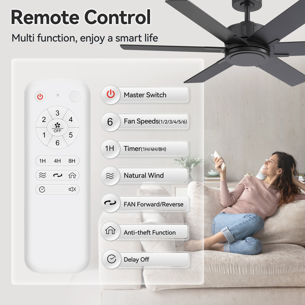 48/56/60 Inch Reversible Blade Downrod Mount Ceiling Fan No Light with Remote Control