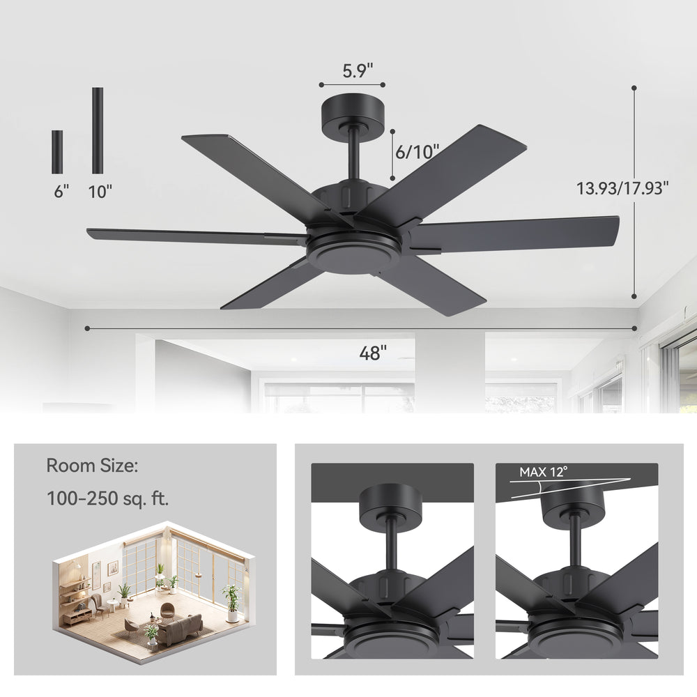 48/56/60 Inch Reversible Blade Downrod Mount Ceiling Fan No Light with Remote Control
