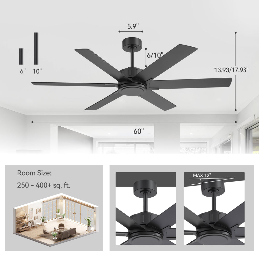 48/56/60 Inch Reversible Blade Downrod Mount Ceiling Fan No Light with Remote Control