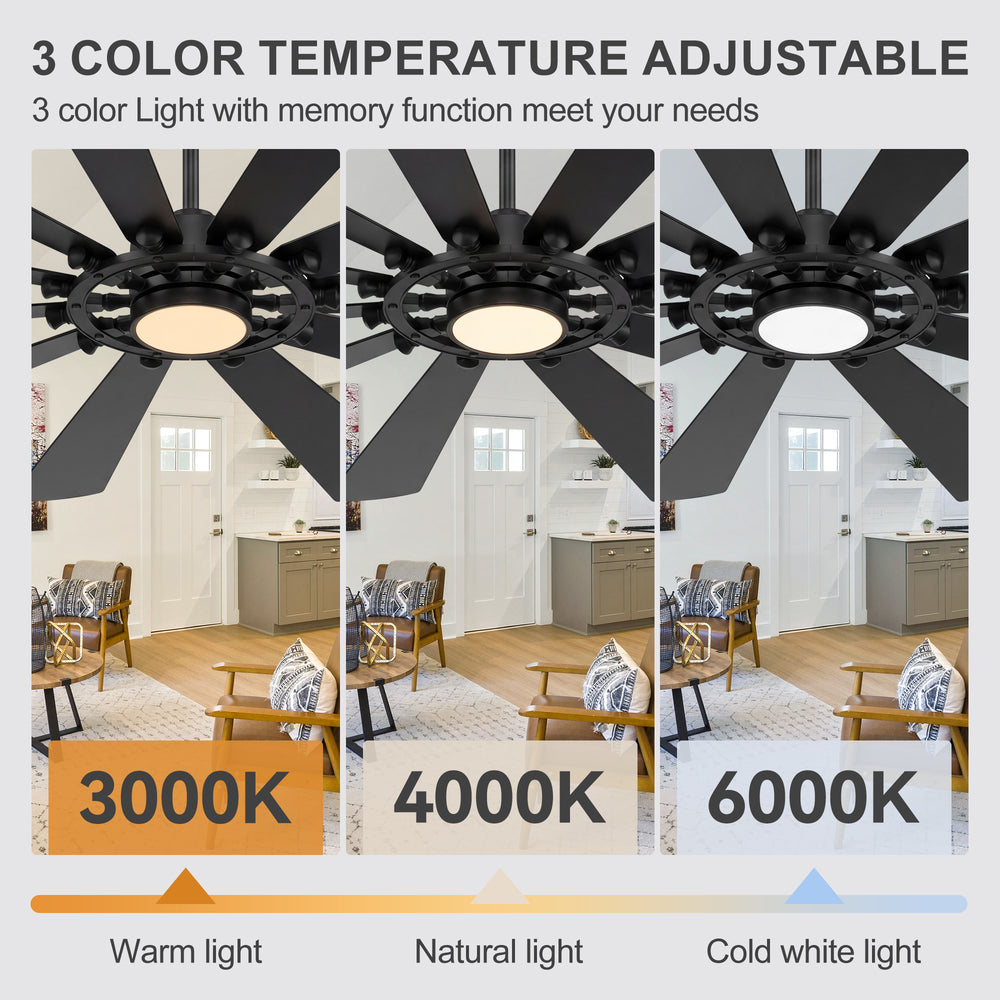 62/72-inch Large Ceiling Fan with Light and Remote, Reversible 10-Blade DC Motor Matte Black LED Ceiling Fan
