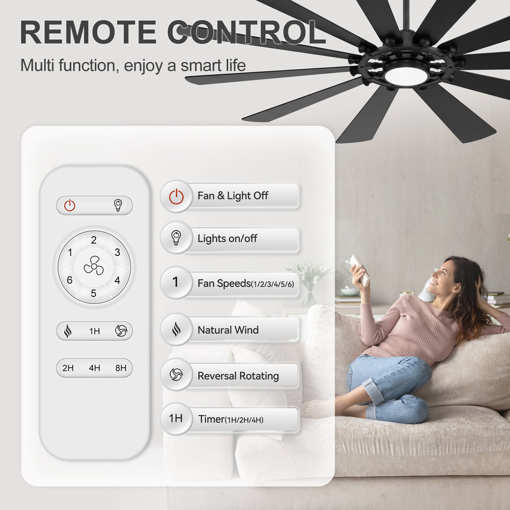 62/72-inch Large Ceiling Fan with Light and Remote, Reversible 10-Blade DC Motor Matte Black LED Ceiling Fan