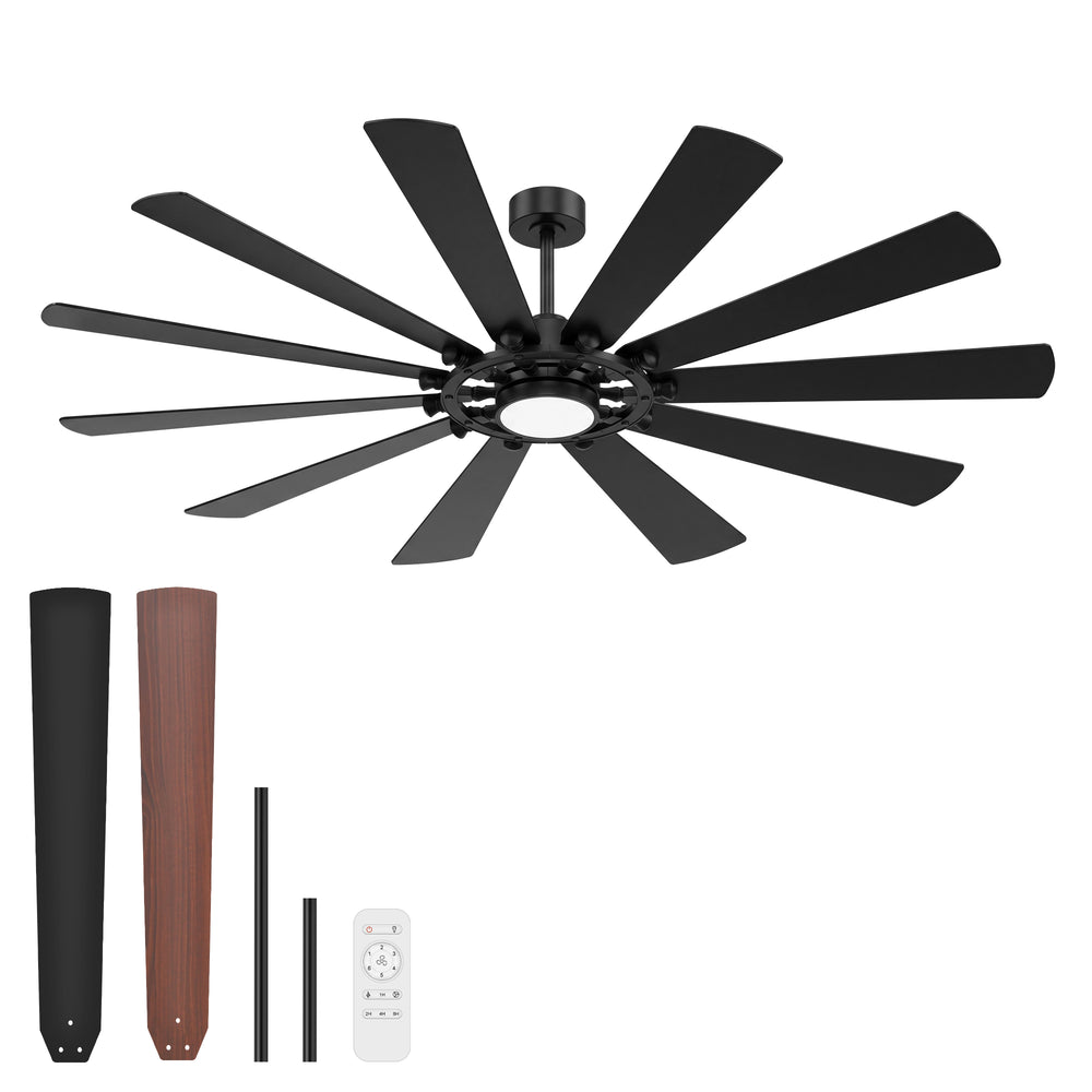 62/72-inch Large Ceiling Fan with Light and Remote, Reversible 10-Blade DC Motor Matte Black LED Ceiling Fan