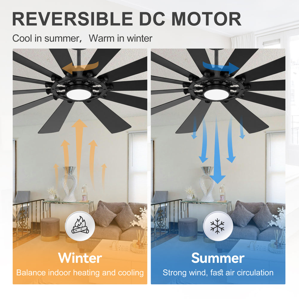 62/72-inch Large Ceiling Fan with Light and Remote, Reversible 10-Blade DC Motor Matte Black LED Ceiling Fan